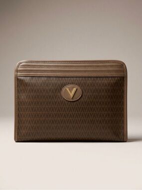 VALENTINO VINTAGE BROWN MONOGRAM  TOILETRY POUCH WITH GOLD V EMBLEM/UNISEX